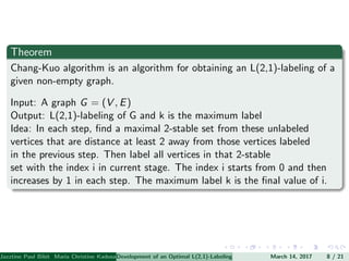 Theorem
Chang-Kuo algorithm is an algorithm for obtaining an L(2,1)-labeling of a
given non-empty graph.
Input: A graph G = (V , E)
Output: L(2,1)-labeling of G and k is the maximum label
Idea: In each step, ﬁnd a maximal 2-stable set from these unlabeled
vertices that are distance at least 2 away from those vertices labeled
in the previous step. Then label all vertices in that 2-stable
set with the index i in current stage. The index i starts from 0 and then
increases by 1 in each step. The maximum label k is the ﬁnal value of i.
Jazztine Paul Bibit Maria Christine Kadusale Marc Christian Satuito Ma. Jomelyn Ylen (Department of Mathematics PolytechnicDevelopment of an Optimal L(2,1)-Labeling Scheme for Triangular Windmill GraphMarch 14, 2017 8 / 21
 