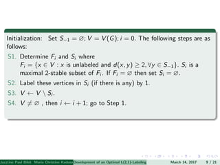 Initialization: Set S−1 = ∅; V = V (G); i = 0. The following steps are as
follows:
S1. Determine Fi and Si where
Fi = {x ∈ V : x is unlabeled and d(x, y) ≥ 2, ∀y ∈ S−1}. Si is a
maximal 2-stable subset of Fi . If Fi = ∅ then set Si = ∅.
S2. Label these vertices in Si (if there is any) by 1.
S3. V ← V  Si .
S4. V = ∅ , then i ← i + 1; go to Step 1.
Jazztine Paul Bibit Maria Christine Kadusale Marc Christian Satuito Ma. Jomelyn Ylen (Department of Mathematics PolytechnicDevelopment of an Optimal L(2,1)-Labeling Scheme for Triangular Windmill GraphMarch 14, 2017 9 / 21
 