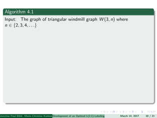Algorithm 4.1
Input: The graph of triangular windmill graph W (3, n) where
n ∈ {2, 3, 4, . . .}
Jazztine Paul Bibit Maria Christine Kadusale Marc Christian Satuito Ma. Jomelyn Ylen (Department of Mathematics PolytechnicDevelopment of an Optimal L(2,1)-Labeling Scheme for Triangular Windmill GraphMarch 14, 2017 10 / 21
 