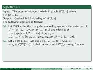 Algorithm 4.1
Input: The graph of triangular windmill graph W (3, n) where
n ∈ {2, 3, 4, . . .}
Output: Optimal L(2, 1)-labeling of W (3, n)
The following steps are as follows:
S1. Let W (3, n) be the triangular windmill graph with the vertex set of
V = {v0, v1, . . . , vn, u1, u2, . . . , u2n} and edge set of
E = {v0ui |i = 1, 2, . . . , 2n} ∪ {v0vj |j =
1, 2, . . . , n} ∪ {vku2k−1, vku2k, u2k−1u2k|k = 1, 2, . . . , n}.
S2. Let j ∈{0, 1, 2, . . . , n} and i ∈{1, 2, . . . , 2n}. Also, let
ui , vj ∈ V (W (3, n)). Label the vertices of W(3,n) using f where
Jazztine Paul Bibit Maria Christine Kadusale Marc Christian Satuito Ma. Jomelyn Ylen (Department of Mathematics PolytechnicDevelopment of an Optimal L(2,1)-Labeling Scheme for Triangular Windmill GraphMarch 14, 2017 10 / 21
 