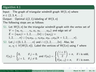 Algorithm 4.1
Input: The graph of triangular windmill graph W (3, n) where
n ∈ {2, 3, 4, . . .}
Output: Optimal L(2, 1)-labeling of W (3, n)
The following steps are as follows:
S1. Let W (3, n) be the triangular windmill graph with the vertex set of
V = {v0, v1, . . . , vn, u1, u2, . . . , u2n} and edge set of
E = {v0ui |i = 1, 2, . . . , 2n} ∪ {v0vj |j =
1, 2, . . . , n} ∪ {vku2k−1, vku2k, u2k−1u2k|k = 1, 2, . . . , n}.
S2. Let j ∈{0, 1, 2, . . . , n} and i ∈{1, 2, . . . , 2n}. Also, let
ui , vj ∈ V (W (3, n)). Label the vertices of W(3,n) using f where
f (vj ) =
0, if j = 0,
j + 1, if j = 0.
and f (ui ) =



i + 3
2
+ n, if i is odd,
f (ui−1) + n, if i is even.
Jazztine Paul Bibit Maria Christine Kadusale Marc Christian Satuito Ma. Jomelyn Ylen (Department of Mathematics PolytechnicDevelopment of an Optimal L(2,1)-Labeling Scheme for Triangular Windmill GraphMarch 14, 2017 10 / 21
 