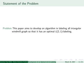 Statement of the Problem
Problem This paper aims to develop an algorithm in labeling all triangular
windmill graph so that it has an optimal L(2, 1)-labeling.
Jazztine Paul Bibit Maria Christine Kadusale Marc Christian Satuito Ma. Jomelyn Ylen (Department of Mathematics PolytechnicDevelopment of an Optimal L(2,1)-Labeling Scheme for Triangular Windmill GraphMarch 14, 2017 3 / 21
 