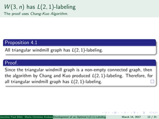 W (3, n) has L(2, 1)-labeling
The proof uses Chang-Kuo Algorithm.
Proposition 4.1
All triangular windmill graph has L(2, 1)-labeling.
Proof.
Since the triangular windmill graph is a non-empty connected graph, then
the algorithm by Chang and Kuo produced L(2, 1)-labeling. Therefore, for
all triangular windmill graph has L(2, 1)-labeling.
Jazztine Paul Bibit Maria Christine Kadusale Marc Christian Satuito Ma. Jomelyn Ylen (Department of Mathematics PolytechnicDevelopment of an Optimal L(2,1)-Labeling Scheme for Triangular Windmill GraphMarch 14, 2017 12 / 21
 