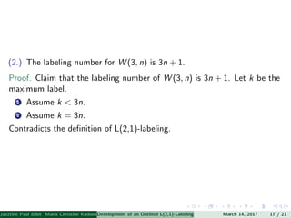 (2.) The labeling number for W (3, n) is 3n + 1.
Proof. Claim that the labeling number of W (3, n) is 3n + 1. Let k be the
maximum label.
1 Assume k < 3n.
2 Assume k = 3n.
Contradicts the deﬁnition of L(2,1)-labeling.
Jazztine Paul Bibit Maria Christine Kadusale Marc Christian Satuito Ma. Jomelyn Ylen (Department of Mathematics PolytechnicDevelopment of an Optimal L(2,1)-Labeling Scheme for Triangular Windmill GraphMarch 14, 2017 17 / 21
 