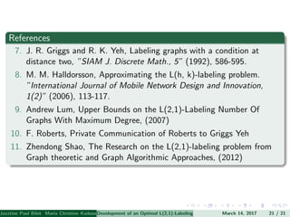 References
7. J. R. Griggs and R. K. Yeh, Labeling graphs with a condition at
distance two, ”SIAM J. Discrete Math., 5” (1992), 586-595.
8. M. M. Halldorsson, Approximating the L(h, k)-labeling problem.
”International Journal of Mobile Network Design and Innovation,
1(2)” (2006), 113-117.
9. Andrew Lum, Upper Bounds on the L(2,1)-Labeling Number Of
Graphs With Maximum Degree, (2007)
10. F. Roberts, Private Communication of Roberts to Griggs Yeh
11. Zhendong Shao, The Research on the L(2,1)-labeling problem from
Graph theoretic and Graph Algorithmic Approaches, (2012)
Jazztine Paul Bibit Maria Christine Kadusale Marc Christian Satuito Ma. Jomelyn Ylen (Department of Mathematics PolytechnicDevelopment of an Optimal L(2,1)-Labeling Scheme for Triangular Windmill GraphMarch 14, 2017 21 / 21
 