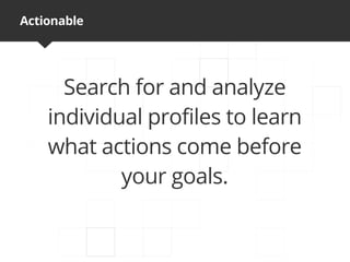 Actionable




      Search for and analyze
    individual profiles to learn
    what actions come before
            your goals.
 