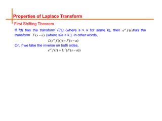 Properties of Laplace Transform
First Shifting Theorem
If f(t) has the transform F(s) (where s > k for some k), then ( )
at
e f t has the
transform ( )
F s a
 (where s-a > k ). In other words,
( ( )) ( )
at
L e f t F s a
 
Or, if we take the inverse on both sides,
1
( ) ( ( ))
at
e f t L F s a

 
 