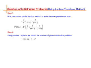 Solution of Initial Value Problems(Using Laplace Transform Method)
Step 3:
Now, we can do partial fraction method to write above expression as sum:
 
2
1 1
2
2 1 1
( 1) ( 3)
2 1 1
( )
( 1) ( 3)
s s s
L Y s L
s s s
 
  
 
 
  
 
 
 
Step 4:
Using inverse Laplace, we obtain the solution of given initial value problem
3
( ) 2 t t
y t t e e
  
 