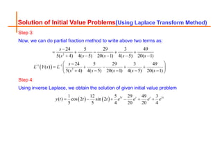 Solution of Initial Value Problems(Using Laplace Transform Method)
Step 3:
Now, we can do partial fraction method to write above two terms as:
 
2
1 1
2
24 5 29 3 49
5( 4) 4( 5) 20( 1) 4( 5) 20( 1)
24 5 29 3 49
( )
5( 4) 4( 5) 20( 1) 4( 5) 20( 1)
s
s s s s s
s
L Y s L
s s s s s
 

    
    
 

    
 
    
 
Step 4:
Using inverse Laplace, we obtain the solution of given initial value problem
    5 5
1 12 5 29 49 3
( ) cos 2 sin 2
5 5 4 20 20 4
t t t t
y t t t e e e e
     
 