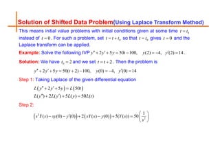 Solution of Shifted Data Problem(Using Laplace Transform Method)
This means initial value problems with initial conditions given at some time 0
t t

instead of 0
t  . For such a problem, set 0
t t t
  so that 0
t t
 gives 0
t  and the
Laplace transform can be applied.
Example: Solve the following IVP 2 5 50 100, (2) 4, (2) 14
y y y t y y
  
       .
Solution: We have 0 2
t  and we set 2
t t
  . Then the problem is
2 5 50( 2) 100, (0) 4, (0) 14
y y y t y y
  
       
Step 1: Taking Laplace of the given differential equation
   
2 5 50
( ) 2 ( ) 5 ( ) 50 ( )
L y y y L t
L y L y L y L t
 
  
 
  
Step 2:
   
2
2
1
( ) (0) (0) 2 ( ) (0) 5( ( )) 50
s Y s sy y sY s y Y s
s
 

       
 
 