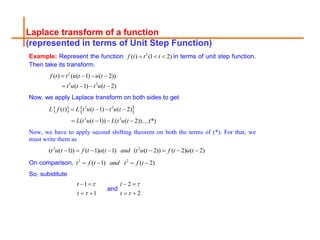 Laplace transform of a function
(represented in terms of Unit Step Function)
Example: Represent the function 2
( ) (1 2)
f t t t
   in terms of unit step function.
Then take its transform.
2
2 2
( ) ( ( 1) ( 2))
( 1) ( 2)
f t t u t u t
t u t t u t
   
   
Now, we apply Laplace transform on both sides to get
   
2 2
2 2
( ) ( 1) ( 2)
( ( 1)) ( ( 2)) (*)
L f t L t u t t u t
L t u t L t u t
   
   
Now, we have to apply second shifting theorem on both the terms of (*). For that, we
must write them as
2 2
( ( 1)) ( 1) ( 1) ( ( 2)) ( 2) ( 2)
t u t f t u t and t u t f t u t
       
On comparison, 2 2
( 1) ( 2)
t f t and t f t
   
So, substitute
1
1
t
t


 
 
and
2
2
t
t


 
 
 