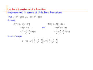 Laplace transform of a function
(represented in terms of Unit Step Function)
Thus 2 2
( 1) ( ) ( 2) ( )
f and f
   
   
So finally,
 
2
2
3 2
( ( )) ( 1)
( 2 1)
2 2 1
( )
L f L
L
F s
s s s
 
 
 
  
   
and
 
2
2
3 2
( ( )) ( 2)
( 4 4)
2 4 4
( )
L f L
L
F s
s s s
 
 
 
  
   
Put it in (*) to get
  2
3 2 3 2
2 2 1 2 4 4
( ) s s
L f t e e
s s s s s s
 
   
     
   
   
 