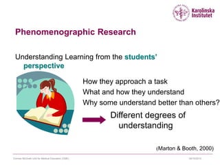 09/10/2015Cormac McGrath Unit for Medical Education (CME)
Phenomenographic Research
Understanding Learning from the students’
perspective
How they approach a task
What and how they understand
Why some understand better than others?
(Marton & Booth, 2000)
Different degrees of
understanding
 