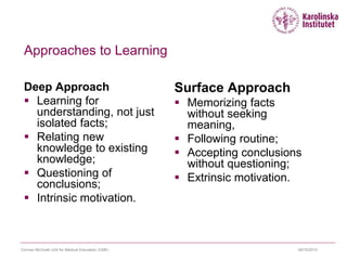 Approaches to Learning
Deep Approach
 Learning for
understanding, not just
isolated facts;
 Relating new
knowledge to existing
knowledge;
 Questioning of
conclusions;
 Intrinsic motivation.
Surface Approach
 Memorizing facts
without seeking
meaning,
 Following routine;
 Accepting conclusions
without questioning;
 Extrinsic motivation.
09/10/2015Cormac McGrath Unit for Medical Education (CME)
 