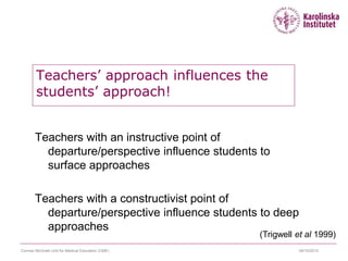 09/10/2015Cormac McGrath Unit for Medical Education (CME)
Teachers’ approach influences the
students’ approach!
Teachers with an instructive point of
departure/perspective influence students to
surface approaches
Teachers with a constructivist point of
departure/perspective influence students to deep
approaches
(Trigwell et al 1999)
 