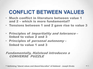 CONFLICT BETWEEN VALUES
• Much conflict in literature between value 1
and 2 – which is more fundamental?
• Tensions between 1 and 2 gave rise to value 3
• Principles of impartiality and tolerance –
linked to value 2 and 3
• Principles of personal autonomy –
linked to value 1 and 3
Fundamentally, Halstead introduces a
CONVERSE PUZZLE
Rethinking "Liberal values and Liberal Education" of Halstead - Joseph Divala 10
 
