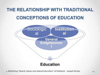 THE RELATIONSHIP WITH TRADITIONAL
CONCEPTIONS OF EDUCATION
Education
General
Enlightenmen
t
Sociologic
al
Institution
al
Rethinking "Liberal values and Liberal Education" of Halstead - Joseph Divala 4
 