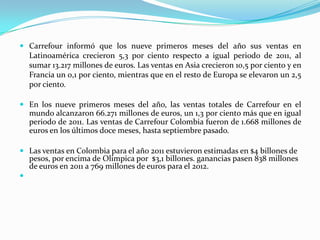  Carrefour informó que los nueve primeros meses del año sus ventas en
  Latinoamérica crecieron 5,3 por ciento respecto a igual periodo de 2011, al
  sumar 13.217 millones de euros. Las ventas en Asia crecieron 10,5 por ciento y en
  Francia un 0,1 por ciento, mientras que en el resto de Europa se elevaron un 2,5
  por ciento.

 En los nueve primeros meses del año, las ventas totales de Carrefour en el
  mundo alcanzaron 66.271 millones de euros, un 1,3 por ciento más que en igual
  periodo de 2011. Las ventas de Carrefour Colombia fueron de 1.668 millones de
  euros en los últimos doce meses, hasta septiembre pasado.

 Las ventas en Colombia para el año 2011 estuvieron estimadas en $4 billones de
  pesos, por encima de Olimpica por $3,1 billones. ganancias pasen 838 millones
  de euros en 2011 a 769 millones de euros para el 2012.

 
