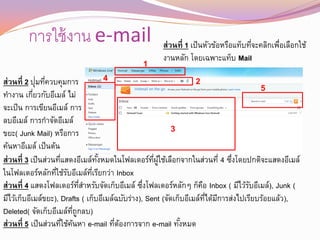 การใช้ งาน e-mail                           ส่วนที่ 1 เป็ นหัวข้อหรือแท็บทีจะคลิกเพือเลือกใช้
                                                                                   ่       ่
                                                    งานหลัก โดยเฉพาะแท็บ Mail
                                              1
              ่ ่
ส่วนที่ 2 ปุมทีควบคุมการ              4                             2
                                                                                        5
ทางาน เกียวกับอีเมล์ ไม่
            ่
จะเป็ น การเขียนอีเมล์ การ
ลบอีเมล์ การกาจัดอีเมล์
ขยะ( Junk Mail) หรือการ                                     3
ค้นหาอีเมล์ เป็ นต้น
ส่วนที่ 3 เป็ นส่วนทีแสดงอีเมล์ทงหมดในโฟลเดอร์ทผใช้เลือกจากในส่วนที่ 4 ซึงโดยปกติจะแสดงอีเมล์
                     ่             ั้                ่ี ู้                     ่
ในโฟลเดอร์หลักทีใช้รบอีเมล์ทเี่ รียกว่า Inbox
                   ่ ั
ส่วนที่ 4 แสดงโฟลเดอร์ทสาหรับจัดเก็บอีเมล์ ซึงโฟลเดอร์หลักๆ ก็คอ Inbox ( มีไว้รบอีเมล์), Junk (
                                ่ี                ่                    ื             ั
มีไว้เก็บอีเมล์ขยะ), Drafts ( เก็บอีเมล์ฉบับร่าง), Sent (จัดเก็บอีเมล์ทได้มการส่งไปเรียบร้อยแล้ว),
                                                                         ่ี ี
Deleted( จัดเก็บอีเมล์ทถกลบ)
                           ่ี ู
ส่วนที่ 5 เป็ นส่วนทีใช้คนหา e-mail ทีตองการจาก e-mail ทังหมด
                       ่ ้              ่ ้                   ้
 