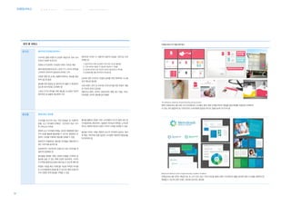 웨 이 파 인 딩 서 비 스 커 뮤 니 케 이 션 서 비 스브랜딩서비스 병 원 환 경 서 비 스
63
귀가 후 서비스
온라인 웹사이트/모바일/DM서비스
지속적인 병원 브랜드의 콘텐츠 제공으로 의료 소비
자와의 긴밀한 관계 유지
표현요소의 일관된 스타일로 브랜드 친숙감 제공
매체 확장성(웹사이트와 스마트기기 사이의 연계)을
고려하여 이미지의 일관성과 유연성 고려
다양한 병원 앱 소개는 홈페이지에서도 정보를 제공
하여 접근성 높임
홍보를 위한 동영상 등 멀티미디어 활용 시 복잡하지
않도록 레이아웃을 고려해야 함
스마트기기의 편리를 위해 메뉴를 간소화한 직관적
레이아웃 및 심플한 정보체계 구성
레이아웃 디자인 시 사용자의 일반적 관습을 기준으로 디자
인해야 함
1) 일반적으로 좌측 상단에서 우측 하단 순서로 훑어봄
2) 크게 처리된 내용이 더 중요한 정보라고 가정함
3) 상단에 위치한 것이 하단의 것보다 중요하다고 판단함
4) 상세정보를 찾을 때 화면의 하단을 봄
QA에 대한 신속하고 친절한 응대를 위한 체계적인 시스템
관리 매뉴얼 필요함
사후 브랜드 관리 및 지속적인 관계 유지를 위한 콘텐츠 개발
과 지속적 관리가 중요함
(웹진/뉴스레터, 온라인 DM/온라인 메일 광고 발송, SNS,
모바일앱, 온라인 홍보물 등의 활용)
홍보물 병원브랜드 홍보물
소비자를 타깃으로 하는 우편 DM발송 및 이벤트판
촉물, 로고 아이템의 판매(온·오프라인) 등은 귀가
후 서비스로 이어짐
병원의 로고 아이템의 판매는 온라인 매체(병원 웹사
이트 등)를 활용해 활성화할 수 있으며, 병원에서 운
영하는 SNS를 이용해서 홍보를 강화할 수 있음
병원만의 차별화되는 홍보물 아이템을 개발하여 브
랜드 이미지를 높여야 함
경제적이며 기능적이며 브랜드의 상징 이미지를 적
절하게 반영해야 함
홍보물을 개발할 시에는 병원의 상황을 고려하여 효
율성을 높일 수 있는 매체 선정이 중요하며, 소비자
의 만족을 통해 입소문을 유발시킬 수 있도록 해야 함
특정한 기념일 혹인 이벤트를 겨냥한 독특한 아이템
은 소비자들에게 감동을 줄 수 있으며, 병원 브랜드와
더욱 친밀한 관계 형성을 구축할 수 있음
홍보물 활용의 장점은 의료 소비자뿐만 아니라 병원 내부 종
사자들에게도 배포하여 그들에게 자부심과 애착을 느끼도록
한다는 점에서 대내외 브랜드 이미지 구축을 강화할 수 있음
홍보물 디자인 시에는 병원의 로고의 위치에의 일관성, 컬러
와 패턴, 레이아웃 등을 일관된 스타일에 적용하여 통일성을
유지하여야 함
브랜딩서비스의 적용사례 예시
The Birthplace, Maternity Hospital Branding Design System
병원 브랜딩서비스를 위한 시각 아이덴티티 시스템은 환자 경험 단계별 최적의 채널별 접점 매체를 적절하게 선택하여
이 모든 것이 통합적으로 디자인되어 소비자에게 일관된 하나의 경험으로써 다가가야 함
MetroSouth Medical Center Hospital Branding Guideline Handbook
브랜딩서비스를 이루는 핵심인 MI, BI, VI가 모두 담긴 가이드라인을 통해 브랜드 아이덴티티 활용 방안에 대한 시스템을 체계적으로
확립할 수 있으며 추후 브랜드 관리에 있어서도 용이함
 