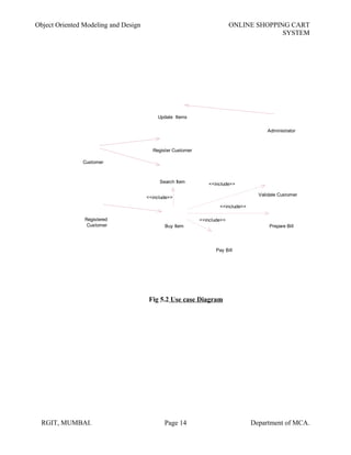 Object Oriented Modeling and Design ONLINE SHOPPING CART
SYSTEM
<<include>>
Pay Bill
Prepare Bill
Validate Customer
Administrator
Update Items
Register Customer
Customer
Search Item
Registered
Customer Buy Item
<<include>>
<<include>>
<<include>>
Fig 5.2 Use case Diagram
RGIT, MUMBAI. Page 14 Department of MCA.
 