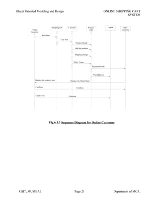 Object Oriented Modeling and Design ONLINE SHOPPING CART
SYSTEM
Cart item
: Online
Customer
Shopping cart Process
order
Order
summary
Logout
Adds Item
Gets Item
Product Details
Taxes
Processes
Add the products
Taxes
Displays the Orderd ItemDisplays the ordered item
ConfirmsConfirms
CheckoutChecks Out
Processes
Payment Details
Shipping Charges
Fig.6.1.3 Sequence Diagram for Online Customer
RGIT, MUMBAI. Page 21 Department of MCA.
 