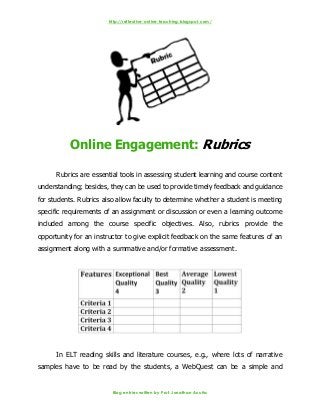 http://reflective-online-teaching.blogspot.com/
Blog entries written by Prof. Jonathan Acuña
Online Engagement: Rubrics
Rubrics are essential tools in assessing student learning and course content
understanding; besides, they can be used to provide timely feedback and guidance
for students. Rubrics also allow faculty to determine whether a student is meeting
specific requirements of an assignment or discussion or even a learning outcome
included among the course specific objectives. Also, rubrics provide the
opportunity for an instructor to give explicit feedback on the same features of an
assignment along with a summative and/or formative assessment.
In ELT reading skills and literature courses, e.g., where lots of narrative
samples have to be read by the students, a WebQuest can be a simple and
 