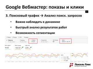 Google Вебмастер: показы и клики
27
3. Поисковый трафик → Анализ поиск. запросов
• Важно наблюдать в динамике
• Быстрый анализ результатов работ
• Возможность сегментации
 