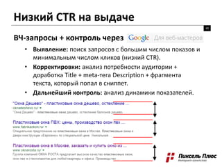 Низкий CTR на выдаче
40
ВЧ-запросы + контроль через
• Выявление: поиск запросов с большим числом показов и
минимальным числом кликов (низкий CTR).
• Корректировки: анализ потребности аудитории +
доработка Title + meta-тега Description + фрагмента
текста, который попал в сниппет.
• Дальнейший контроль: анализ динамики показателей.
 