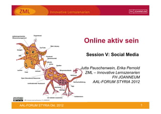 Online aktiv sein
                                Session V: Social Media

                             Jutta Pauschenwein, Erika Pernold
                                ZML – Innovative Lernszenarien
                                               FH JOANNEUM
                                    AAL-FORUM STYRIA 2012




AAL-FORUM STYRIA Okt. 2012                                       1
 