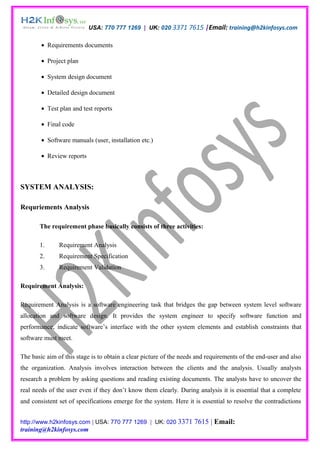 USA: 770 777 1269 | UK: 020 3371 7615 |Email: training@h2kinfosys.com

        • Requirements documents

        • Project plan

        • System design document

        • Detailed design document

        • Test plan and test reports

        • Final code

        • Software manuals (user, installation etc.)

        • Review reports



SYSTEM ANALYSIS:

Requriements Analysis

       The requirement phase basically consists of three activities:

       1.      Requirement Analysis
       2.      Requirement Specification
       3.      Requirement Validation

Requirement Analysis:

Requirement Analysis is a software engineering task that bridges the gap between system level software
allocation and software design. It provides the system engineer to specify software function and
performance, indicate software’s interface with the other system elements and establish constraints that
software must meet.

The basic aim of this stage is to obtain a clear picture of the needs and requirements of the end-user and also
the organization. Analysis involves interaction between the clients and the analysis. Usually analysts
research a problem by asking questions and reading existing documents. The analysts have to uncover the
real needs of the user even if they don’t know them clearly. During analysis it is essential that a complete
and consistent set of specifications emerge for the system. Here it is essential to resolve the contradictions


http://www.h2kinfosys.com | USA: 770 777 1269 | UK: 020 3371        7615 | Email:
training@h2kinfosys.com
 