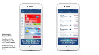 FinanzAssist
Cosmosdirekt
App Store: 3.100

Google Play: 2.700

2015 Gesamt: 5.800

Multibankenfähig: Ja

Entwickler: Buhl Data 

Preis: -

 