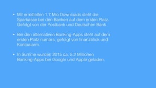 • Mit ermittelten 1.7 Mio Downloads steht die
Sparkasse bei den Banken auf dem ersten Platz.
Gefolgt von der Postbank und Deutschen Bank
• Bei den alternativen Banking-Apps steht auf dem
ersten Platz numbrs, gefolgt von ﬁnanzblick und
Kontoalarm.
• In Summe wurden 2015 ca. 5,2 Millionen
Banking-Apps bei Google und Apple geladen.
 