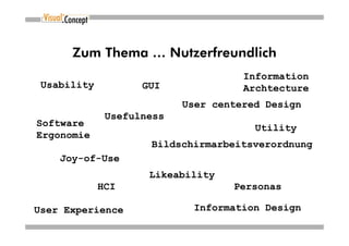 Zum Thema … Nutzerfreundlich
                                     Information
 Usability          GUI              Archtecture
                           User centered Design
              Usefulness
Software                               Utility
Ergonomie
                     Bildschirmarbeitsverordnung
    Joy-of-Use
                     Likeability
             HCI                   Personas

User Experience             Information Design
 