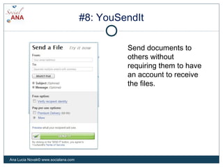 #8: YouSendIt
Send documents to
others without
requiring them to have
an account to receive
the files.
Ana Lucia Novak© www.socialana.com
 