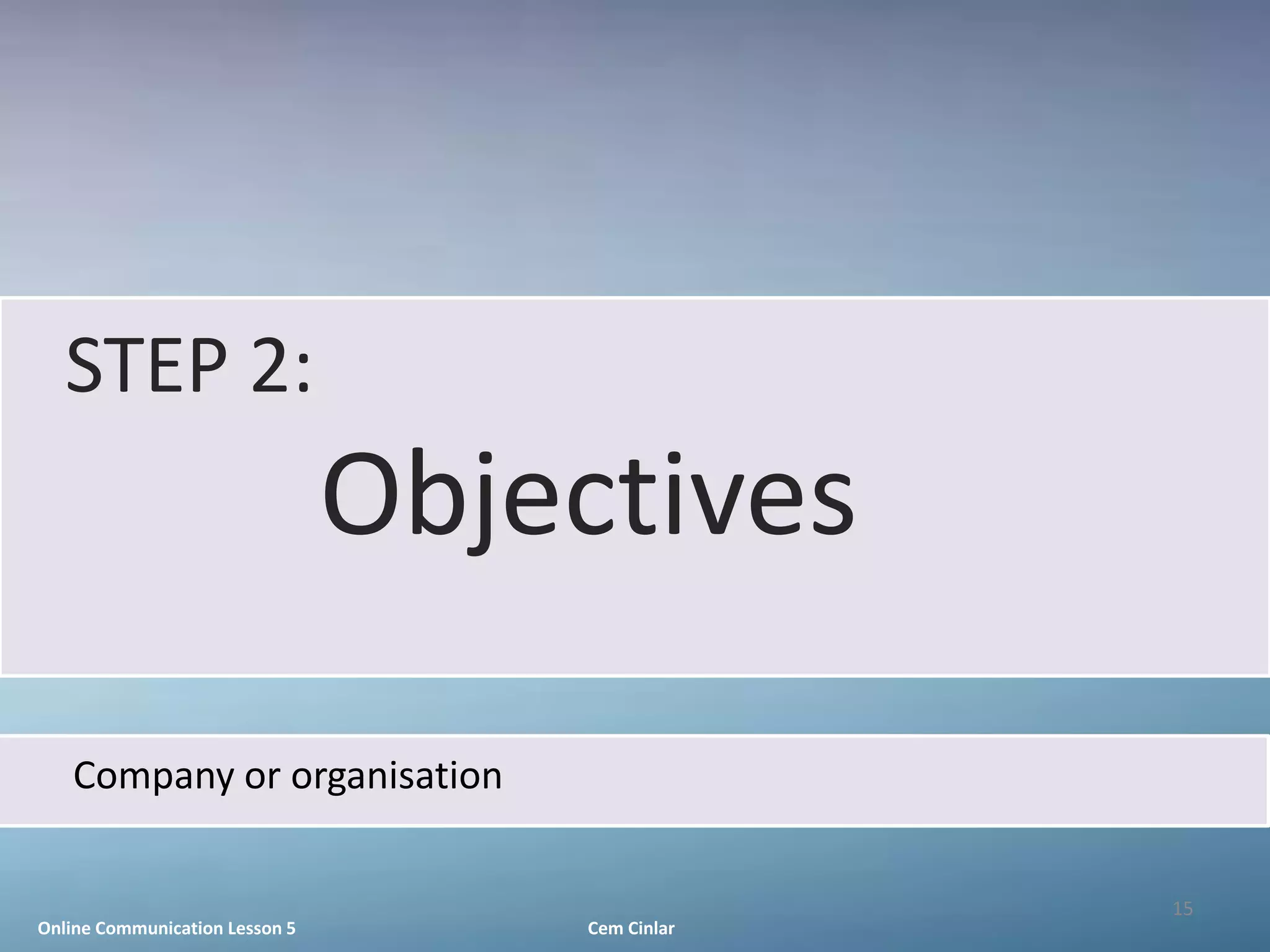 STEP 2:
                                Objectives

   Company or organisation

                                                 15
Online Communication Lesson 5       Cem Cinlar
 