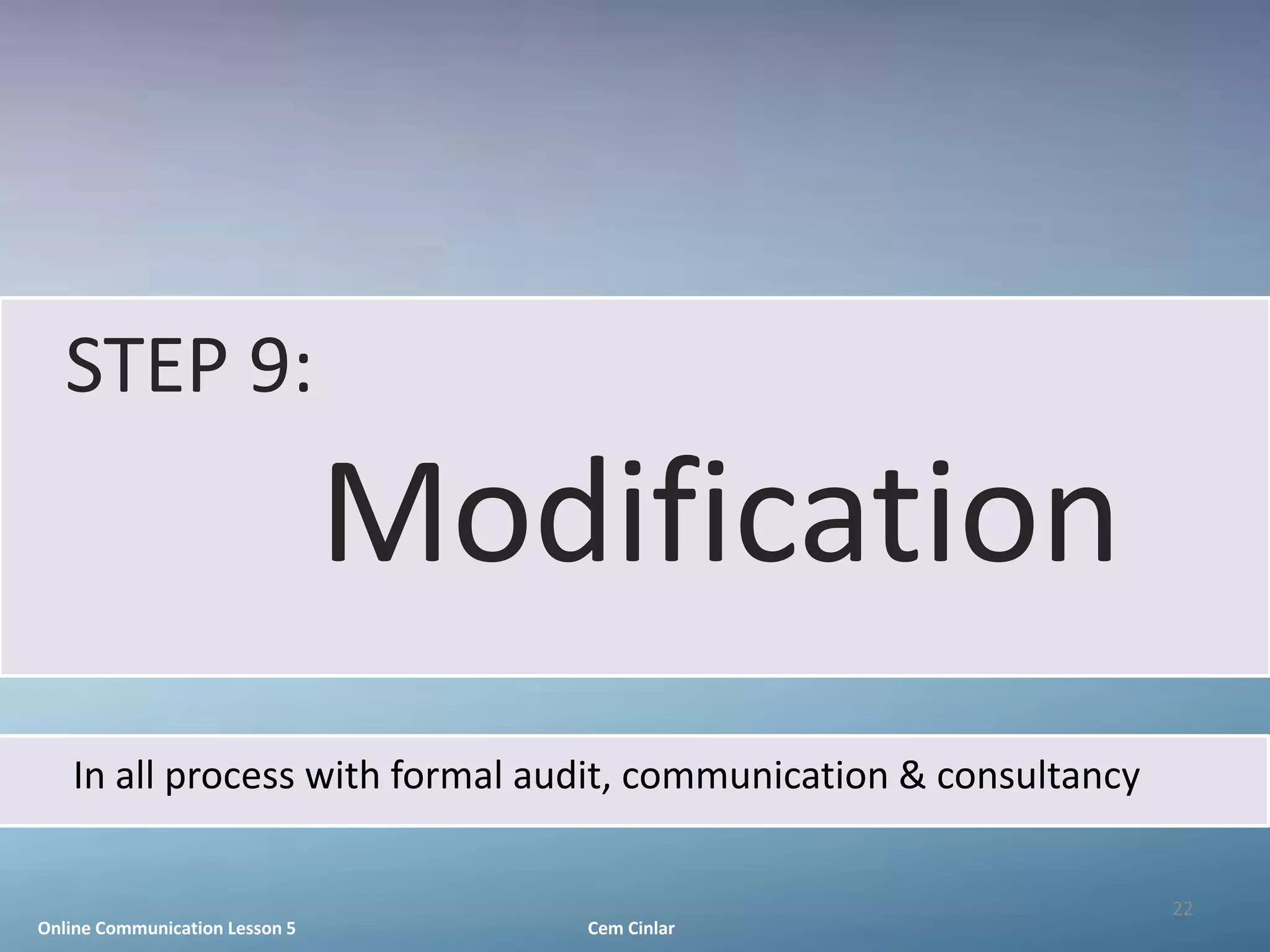 STEP 9:
                                Modification
   In all process with formal audit, communication & consultancy

                                                                   22
Online Communication Lesson 5       Cem Cinlar
 
