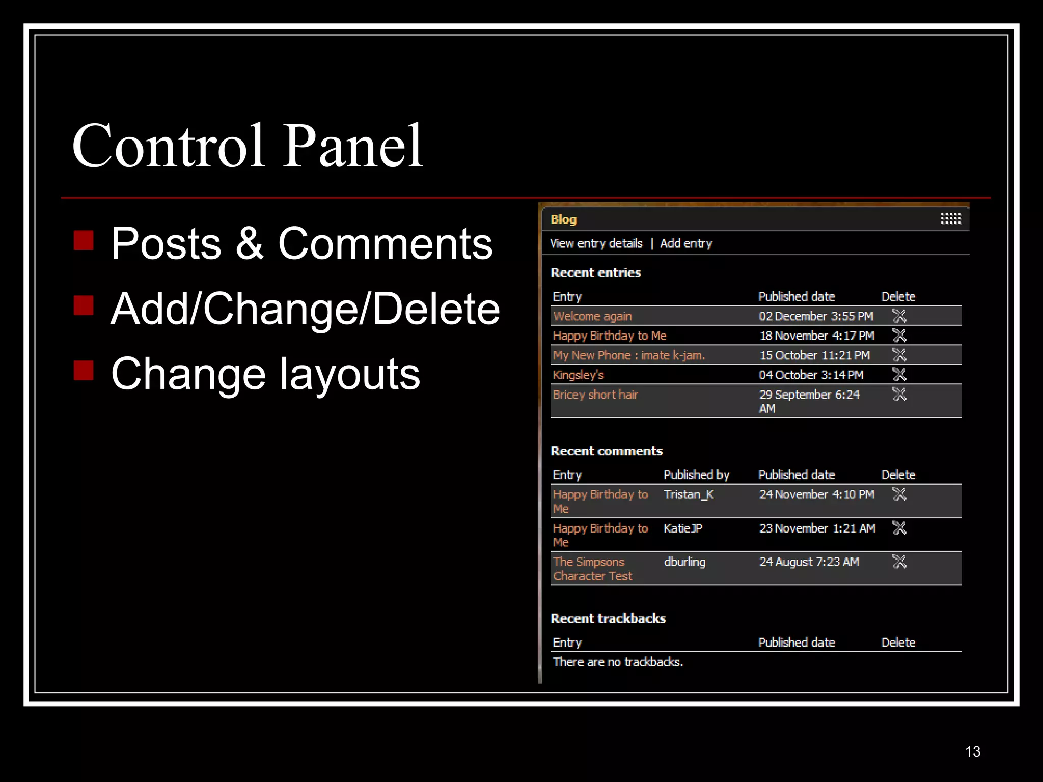 Control Panel Posts & Comments Add/Change/Delete Change layouts 