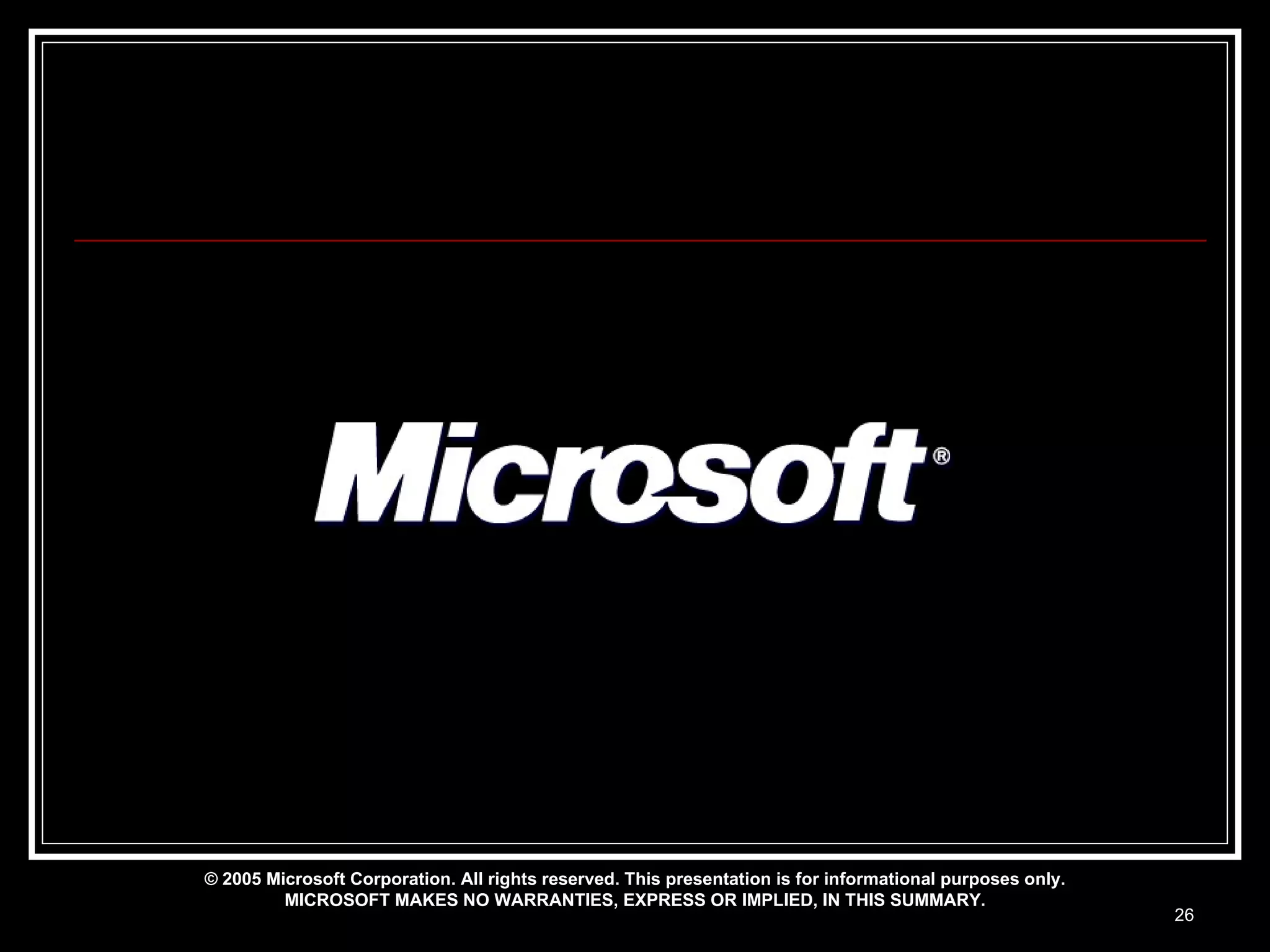 © 2005 Microsoft Corporation. All rights reserved. This presentation is for informational purposes only. MICROSOFT MAKES NO WARRANTIES, EXPRESS OR IMPLIED, IN THIS SUMMARY. 