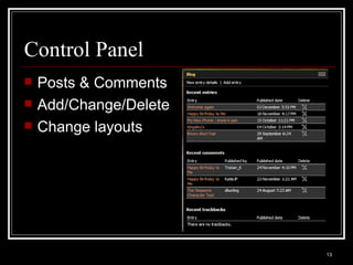 Control Panel Posts & Comments Add/Change/Delete Change layouts 