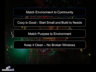 Match Environment to Community Cozy is Good - Start Small and Build to Needs Match Purpose to Environment Keep it Clean – No Broken Windows 