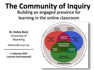 The Community of Inquiry 
Building an engaged presence for 
learning in the online classroom 
Dr. Debra Beck 
University of 
Wyoming 
debbeck@uwyo.edu 
e-Volution 2014 
Laramie (and beyond!) 
 