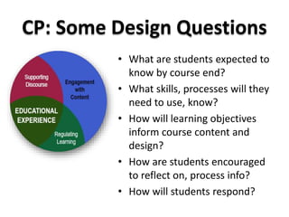 CP: Some Design Questions 
• What are students expected to 
know by course end? 
• What skills, processes will they 
need to use, know? 
• How will learning objectives 
inform course content and 
design? 
• How are students encouraged 
to reflect on, process info? 
• How will students respond? 
 