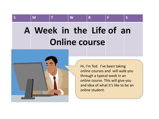 S    M    T   W        R           F           S


    A Week in the Life of an
        Online course

                  Hi, I’m Ted. I’ve been taking
                  online courses and will walk you
                  through a typical week in an
                  online course. This will give you
                  and idea of what it’s like to be an
                  online student.
 