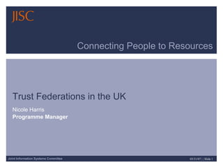 Connecting People to Resources Trust Federations in the UK Nicole Harris Programme Manager  