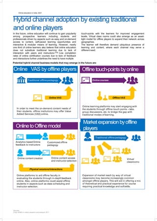 Online education in India: 202144
Hybrid channel adoption by existing traditional
and online players
In the future, online education will continue to gain popularity
among prospective learners including students and
professionals driven by aspects such as easy and on-demand
access to content, self-paced learning opportunities and
interactive & modular means of learning. However, nearly
one third of online learners also believe that online education
does not substitute traditional learning due to lack of
interaction with peers and instructors.[105] Low completion
rates of online certification courses due to lack of feedback
and interactions further underlines the need to have multiple
touch-points with the learners for improved engagement
levels. Virtual class rooms could also emerge as an asset-
light model for offline players to expand their network across
geographies.
The learner will therefore demand ubiquitous presence of
learning and content, where each channel may serve a
differentneed.
Sources:
[105]- KPMG in India's research and analysis 2017
Online VAS by offline players Offlinetouch-points byonline
players
OnlinetoOfflinemodel
Marketexpansionbyoffline
players
Traditional offline pedagogy
Online VAS
In order to meet the on-demand content needs of
their students, offline institutions may offer Value
Added Services (VAS) online.
Online courses
Online learning platforms may start engaging with
the students through offline touch points – labs,
group discussions, etc. to bridge the gap with
traditional modes of learning.
Analytics based Online
feedback to instructors
Customized offline
pedagogy
Online content creation
Physical sessions/interactions
Online platforms to aid offline faculty in
evaluating the students through in-depthfeedback
online. Also, online platforms could assist offline
students in aspects such as class scheduling and
instructor selection.
Online content access
and instructor selection
Virtual
classrooms
Traditional offline pedagogy
Expansion of market reach by way of virtual
classrooms may become increasingly common
amongst offline players. This will aid in offering a mix
of theoretical and practical experience for course
requiring practical knowledge and softskills.
Offline VAS
Potential hybrid channel business models that may emerge in the future are:
 