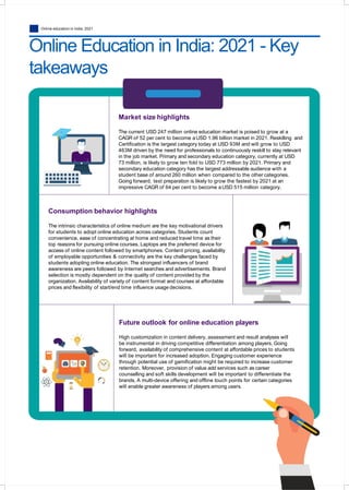 Online education in India: 2021
Online Education in India: 2021 - Key
takeaways
Market size highlights
The current USD 247 million online education market is poised to grow at a
CAGR of 52 per cent to become a USD 1.96 billion market in 2021. Reskilling and
Certification is the largest category today at USD 93M and will grow to USD
463M driven by the need for professionals to continuously reskill to stay relevant
in the job market. Primary and secondary education category, currently at USD
73 million, is likely to grow ten fold to USD 773 million by 2021. Primary and
secondary education category has the largest addressable audience with a
student base of around 260 million when compared to the other categories.
Going forward, test preparation is likely to grow the fastest by 2021 at an
impressive CAGR of 64 per cent to become a USD 515 million category.
Consumption behavior highlights
The intrinsic characteristics of online medium are the key motivational drivers
for students to adopt online education across categories. Students count
convenience, ease of concentrating at home and reduced travel time as their
top reasons for pursuing online courses. Laptops are the preferred device for
access of online content followed by smartphones. Content pricing, availability
of employable opportunities & connectivity are the key challenges faced by
students adopting online education. The strongest influencers of brand
awareness are peers followed by Internet searches and advertisements. Brand
selection is mostly dependent on the quality of content provided by the
organization. Availability of variety of content format and courses at affordable
prices and flexibility of start/end time influence usage decisions.
Future outlook for online education players
High customization in content delivery, assessment and result analyses will
be instrumental in driving competitive differentiation among players. Going
forward, availability of comprehensive content at affordable prices to students
will be important for increased adoption. Engaging customer experience
through potential use of gamification might be required to increase customer
retention. Moreover, provision of value add services such as career
counselling and soft skills development will be important to differentiate the
brands. A multi-device offering and offline touch points for certain categories
will enable greater awareness of players among users.
 