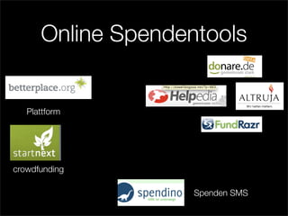 Online Spendentools


   Plattform




crowdfunding

                    Spenden SMS
 