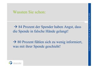 Wussten Sie schon:


  84 Prozent der Spender haben Angst, dass
die Spende in falsche Hände gelangt!

 80 Prozent fühlen sich zu wenig informiert,
was mit ihrer Spende geschieht!
 
