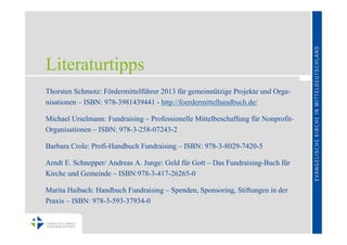 Literaturtipps
Thorsten Schmotz: Fördermittelführer 2013 für gemeinnützige Projekte und Orga-
nisationen – ISBN: 978-3981439441 - http://foerdermittelhandbuch.de/

Michael Urselmann: Fundraising – Professionelle Mittelbeschaffung für Nonprofit-
Organisationen – ISBN: 978-3-258-07243-2

Barbara Crole: Profi-Handbuch Fundraising – ISBN: 978-3-8029-7420-5

Arndt E. Schnepper/ Andreas A. Junge: Geld für Gott – Das Fundraising-Buch für
Kirche und Gemeinde – ISBN:978-3-417-26265-0

Marita Haibach: Handbuch Fundraising – Spenden, Sponsoring, Stiftungen in der
Praxis – ISBN: 978-3-593-37934-0
 
